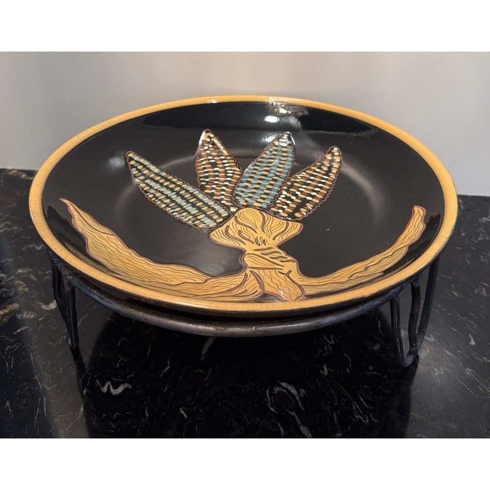 Vintage Wisconsin Pottery HD Huntley Indian Corn Harvest Platter or Bowl w Stand